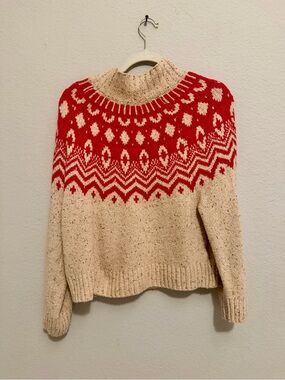 Old Navy Cream and Red Fair Isle Turtleneck Sweater